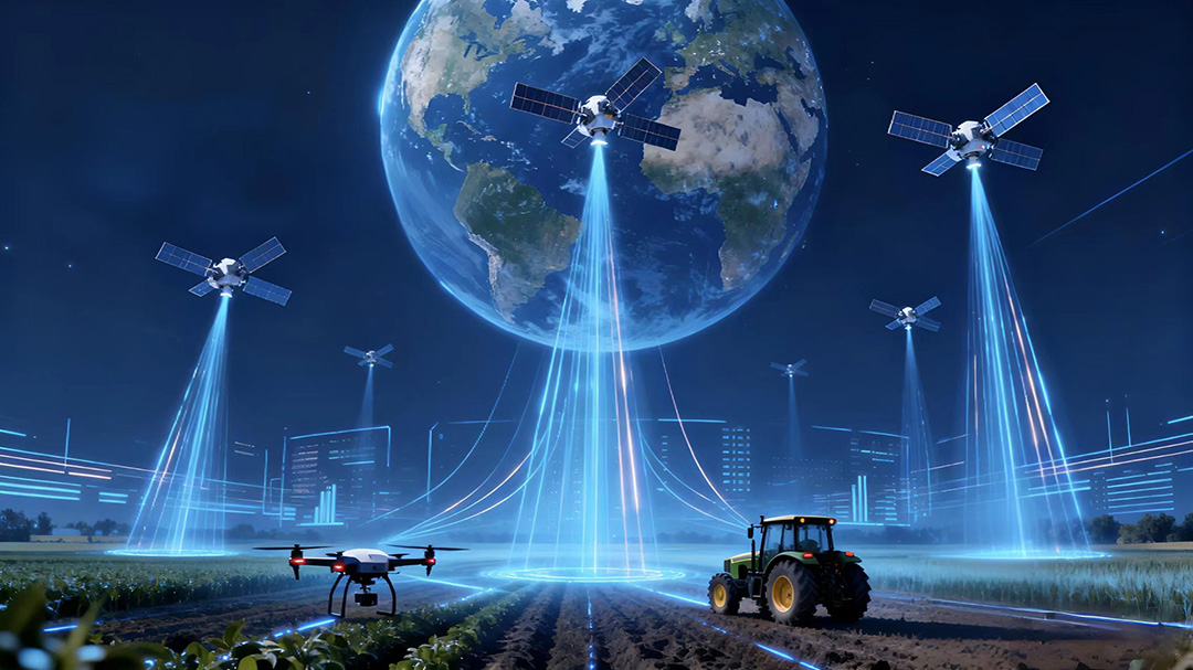 Modern abstract illustration of GNSS satellites providing centimeter-level RTK precision positioning to drones, tractors, and surveying equipment on Earth.